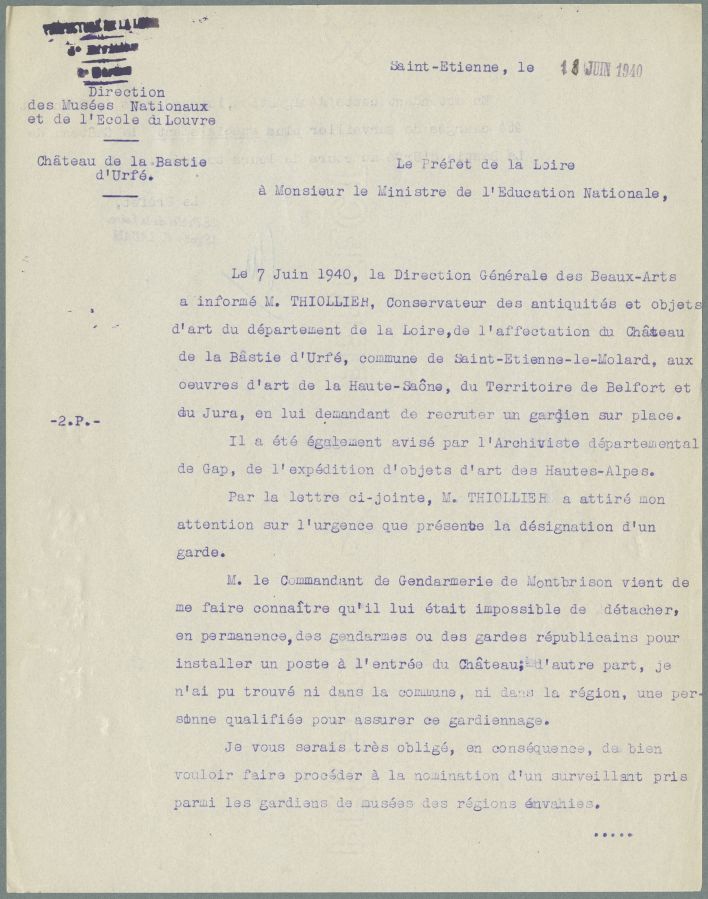 Lettre annonçant que la Bâtie allait servir de refuge pour des œuvres d'art. Le préfet indique que ls gendarmes ne peuvent pas assurer la protection du lieu, et que sur les conseil de Noël Thiollier, il convient de nommer un gardien.