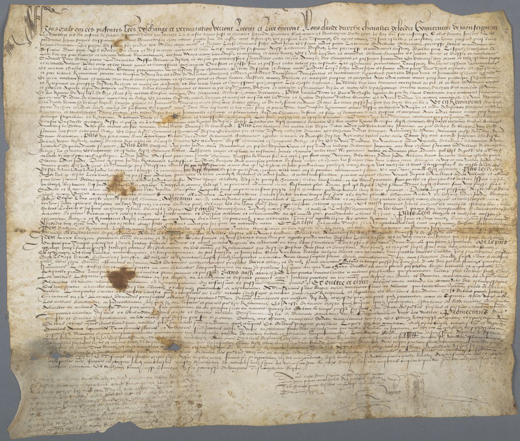 Acte de ratification d'échanges de terre établi sous l'autorité de Claude d'Urfé, bailli de Forez, parchemin, 1554
Cote 1J2058