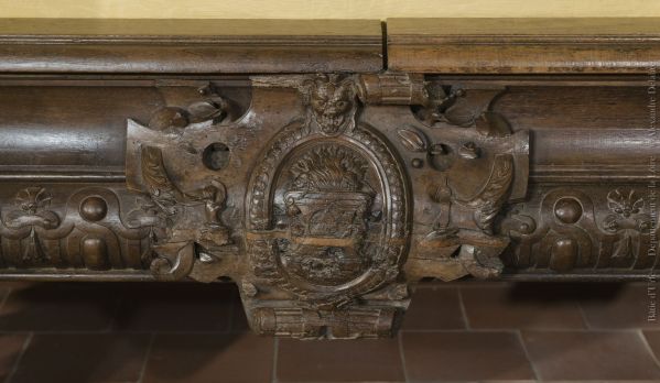 Détail montrant le médaillon du lit de Claude d'Urfé ; © Alexandre DELABRE ; ©  ARCHIVES DEPARTEMENTALES DE LA LOIRE ; ©  Musée Château de la Bâtie d'Urfé