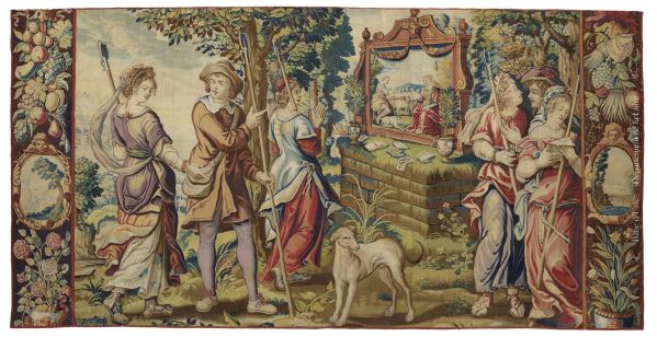Tapisserie de Bruges représentant une scène de l'Astrée ; © Musée Château de la Bâtie d'Urfé