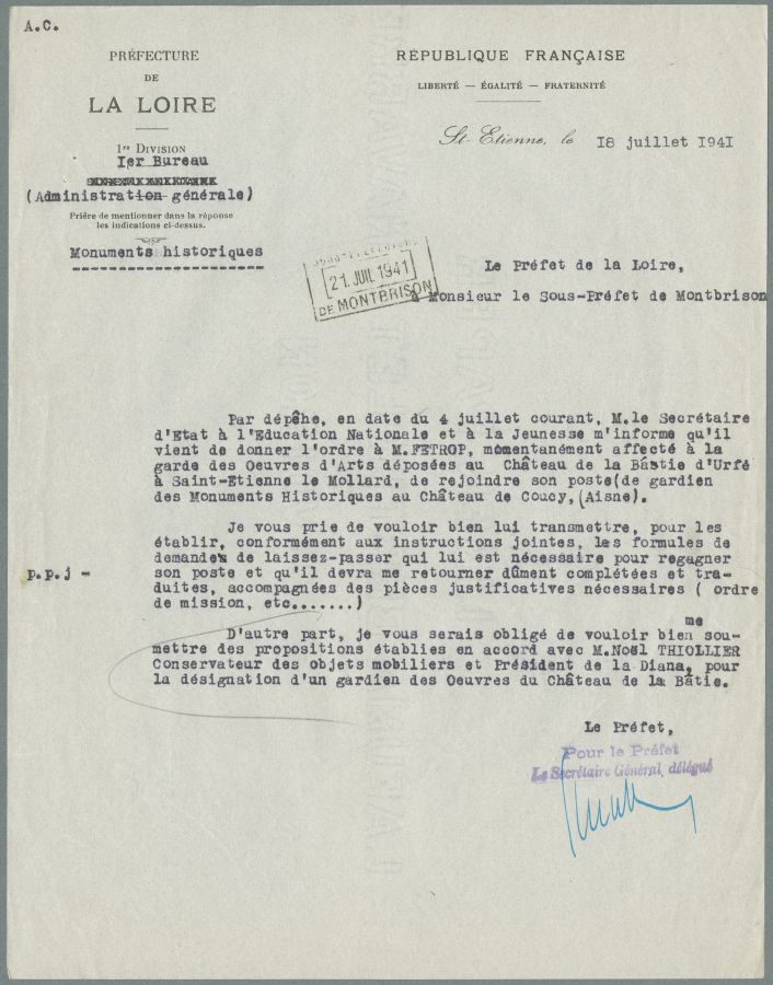 Lettre annonçant un changement d'affectation du gardien